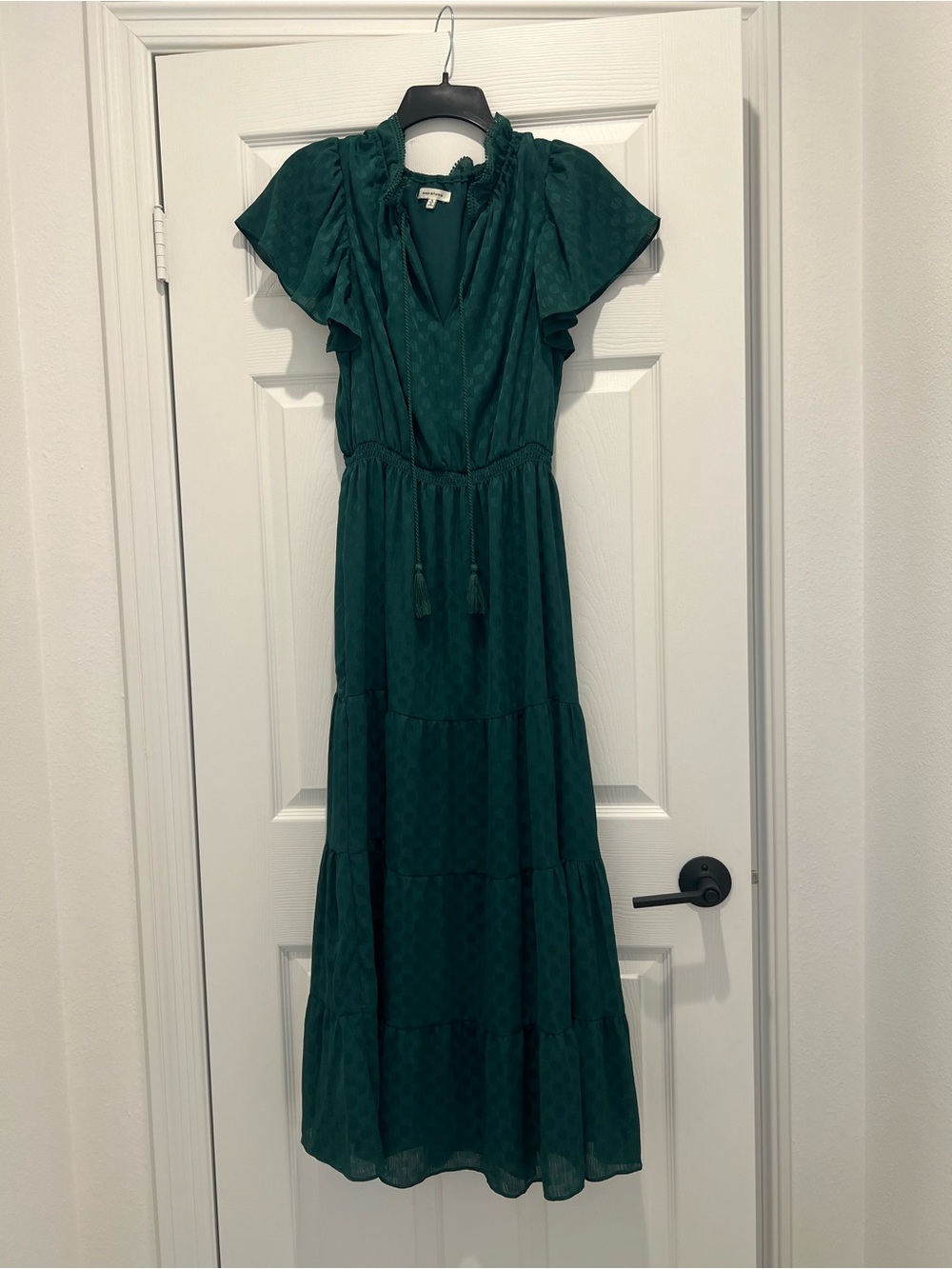 Max Studio Deep Green Tiered Maxi Dress with Tassel Tie